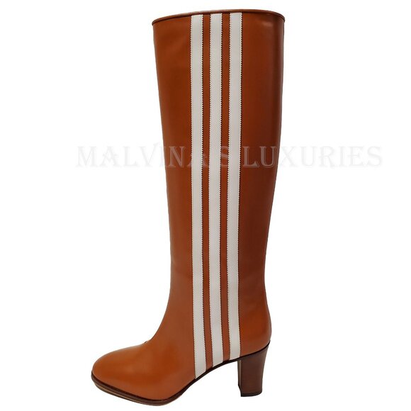 GUCCI BOOTS ADIDAS X KNEE HIGH STRIPE BROWN LEATHER  sz 38 8 US - Picture 8 of 16